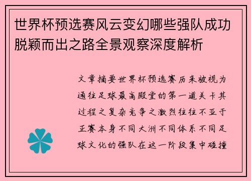 世界杯预选赛风云变幻哪些强队成功脱颖而出之路全景观察深度解析